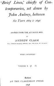 Brief Lives, Vol. 1 by John Aubrey