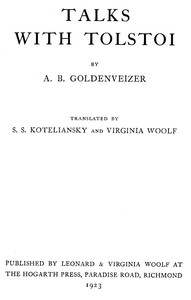 Talks with Tolstoi by Aleksandr Borisovich Golʹdenveĭzer